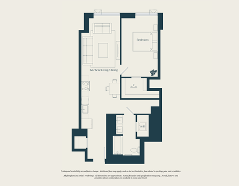 Floor plan for 1 bed, 1 bath, 747 sqft